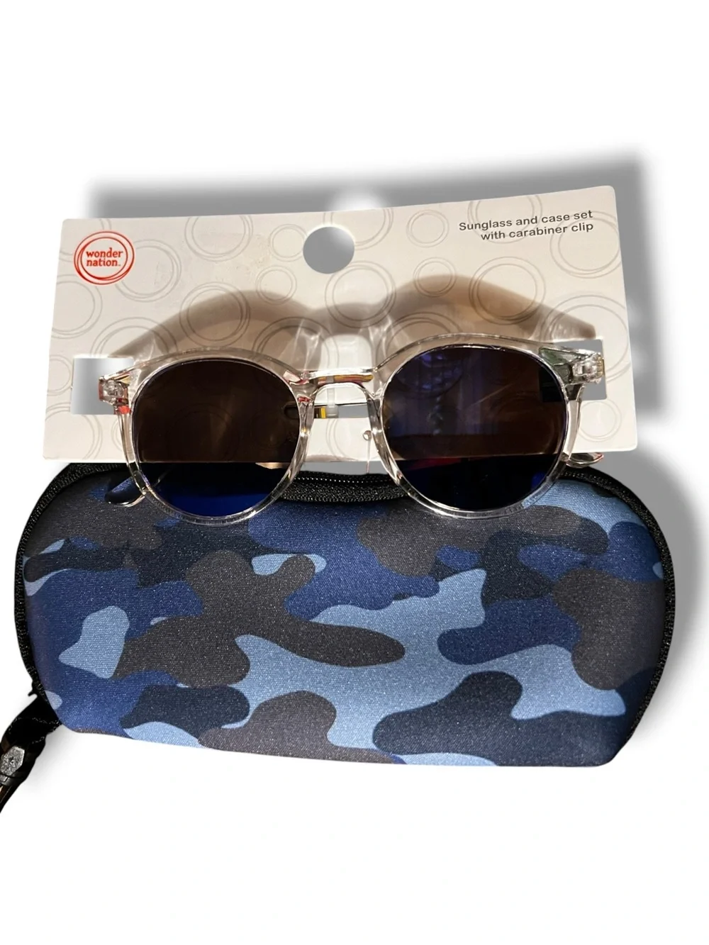 NEW - Wonder Nation - Sunglasses With Case - Clear Frames - Blue Camo Case D-8